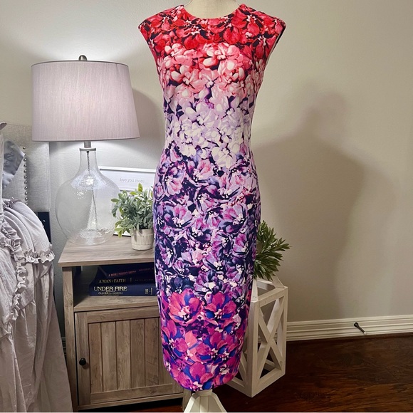 Vince Camuto Stunning Silhouette Vibrant Watercolor Bouquet Cap Sleeve Size 0 - Picture 3 of 13